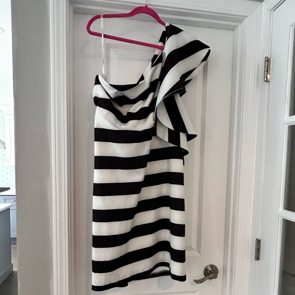 Eloquii Black and White Stripe One Shoulder Ruffle Dress